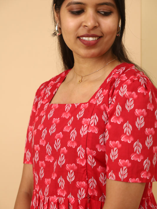 Red Floral Square Neck Cotton maternity Dress