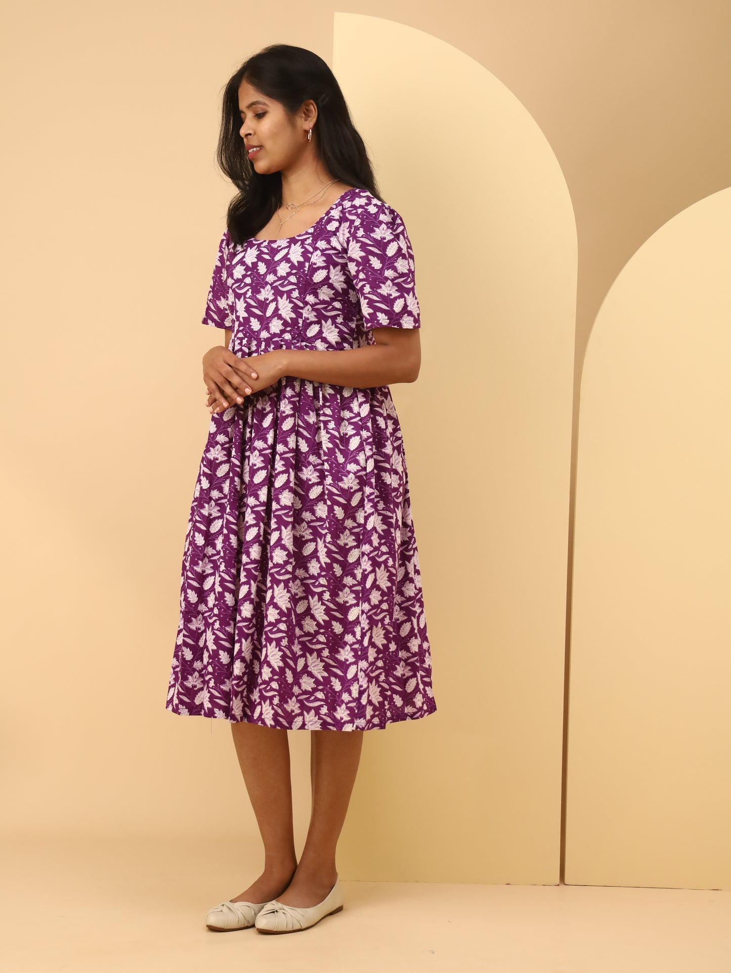 Violet Leaf Block Print Square Neck Cotton maternity Dress