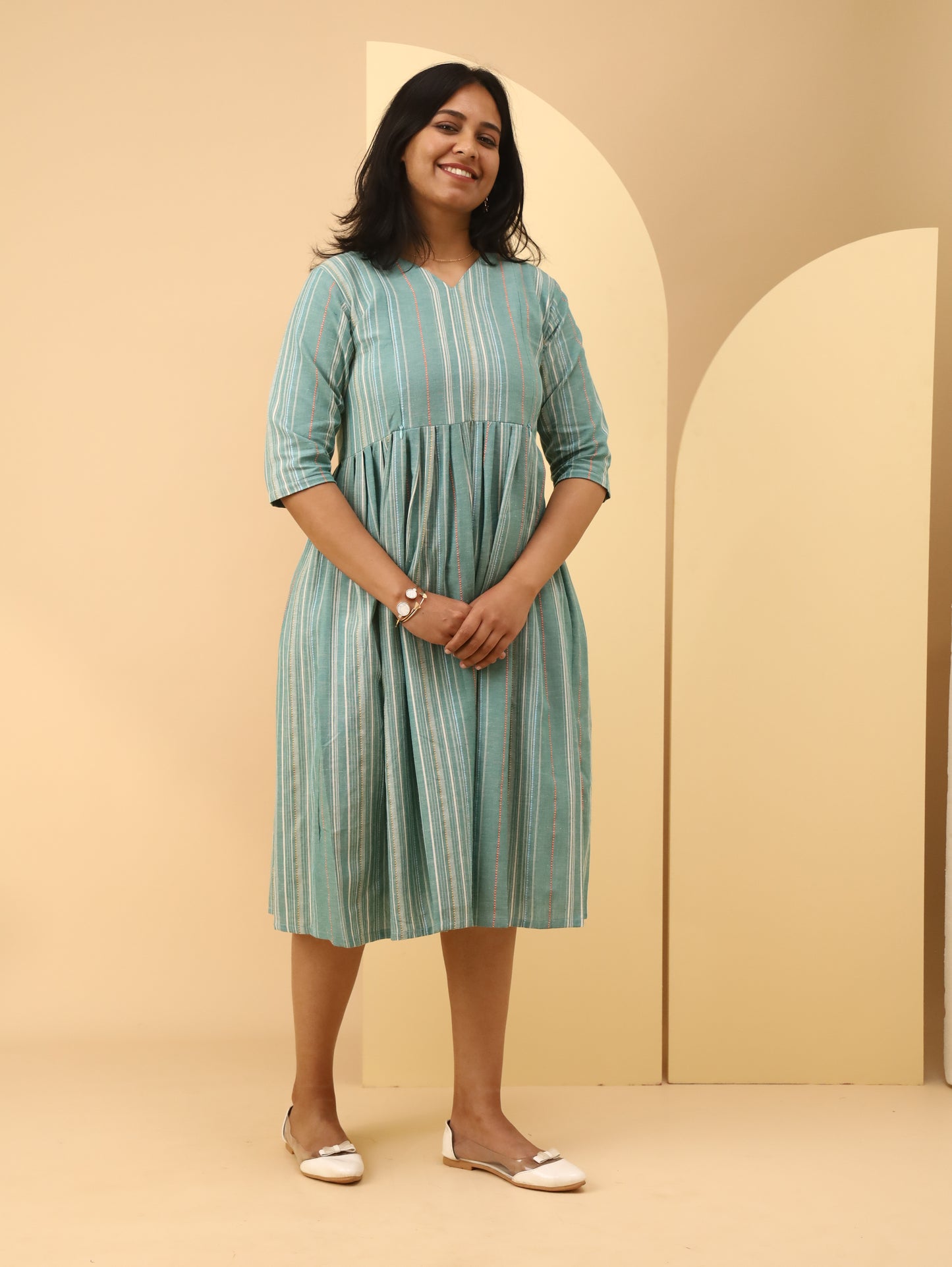 Teal Striped V-Neck Cotton  Cotton maternity Dress