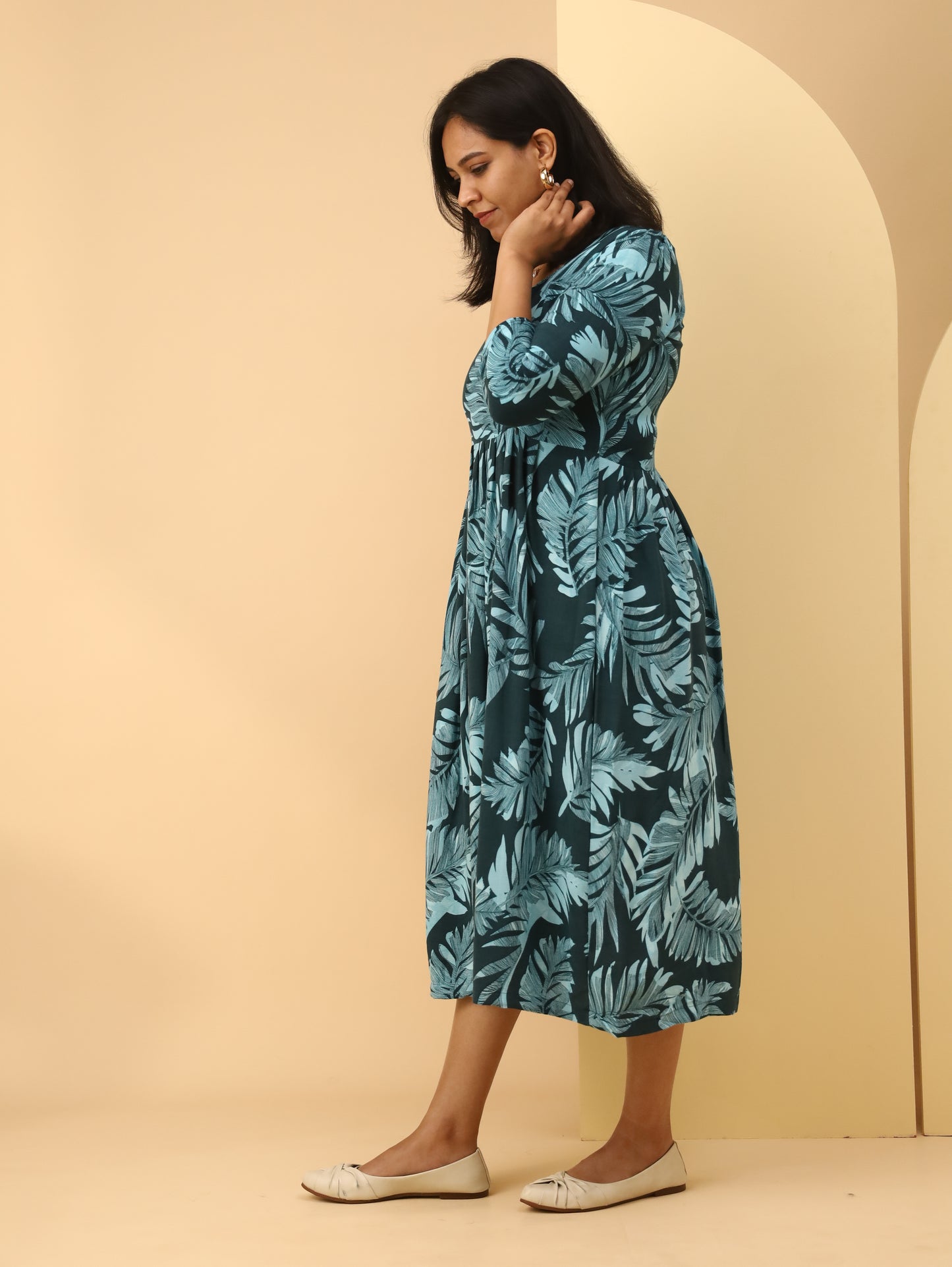 Tropical Leaf Print Empire Waist Maxi Dress