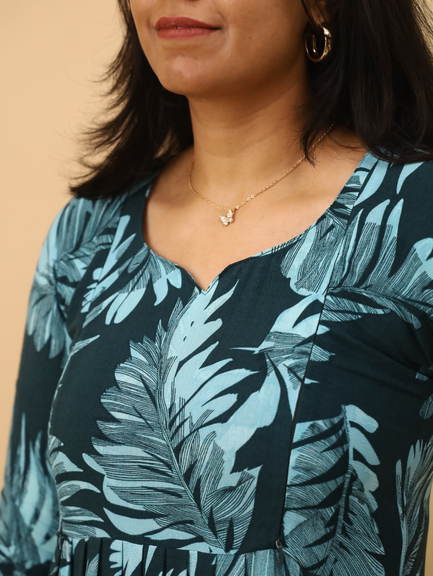 Tropical Leaf Print Empire Waist Maxi Dress