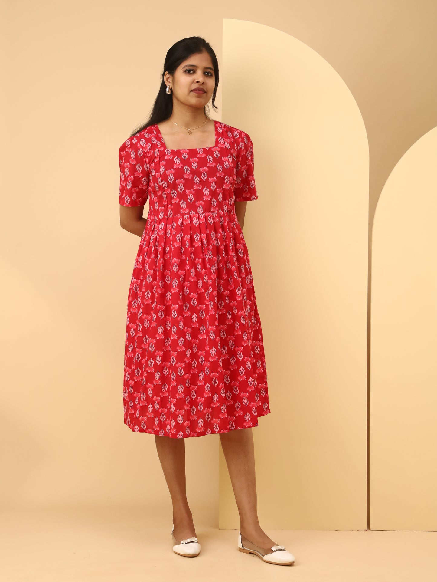 Red Floral Square Neck Cotton maternity Dress
