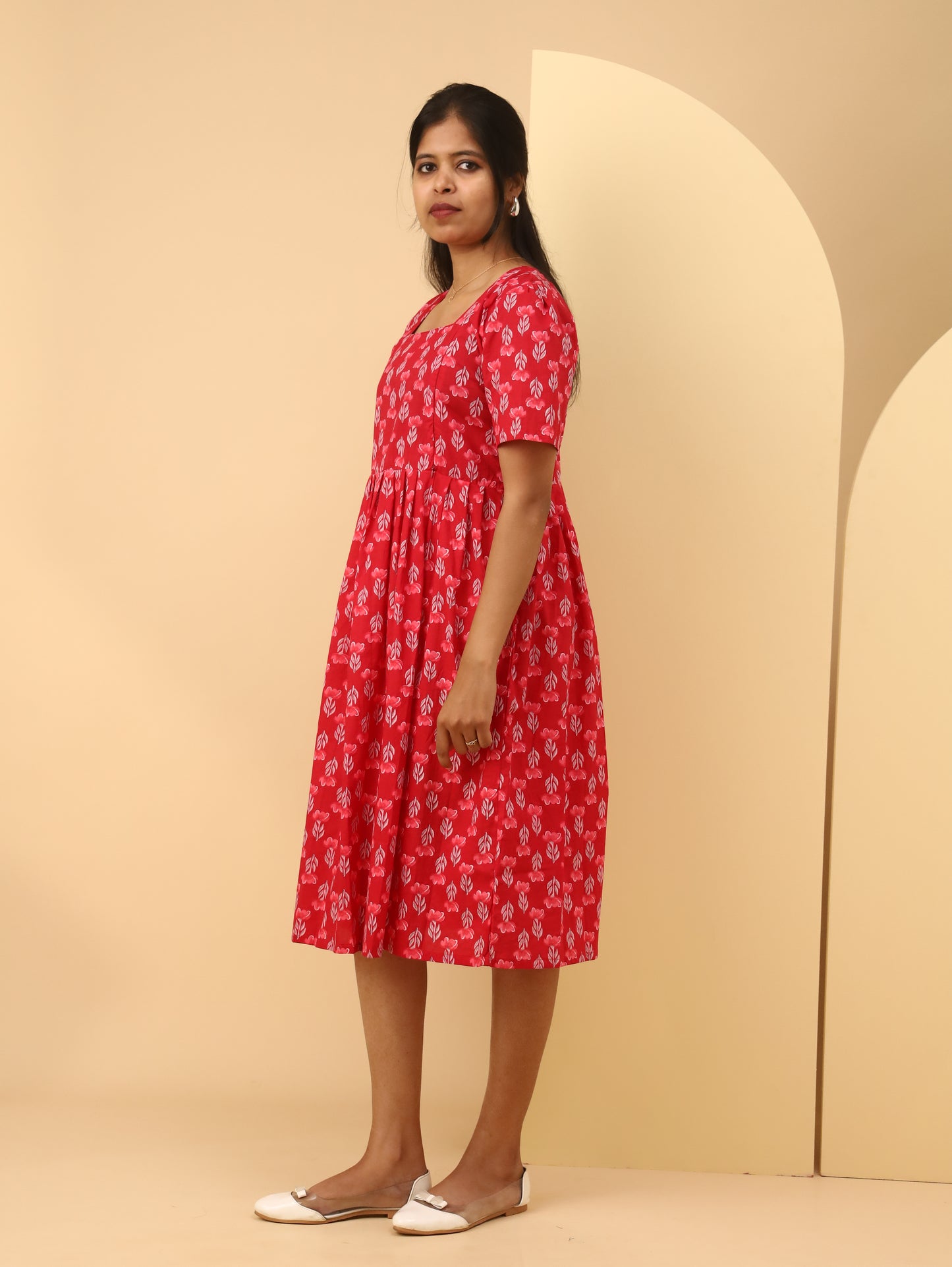 Red Floral Square Neck Cotton maternity Dress