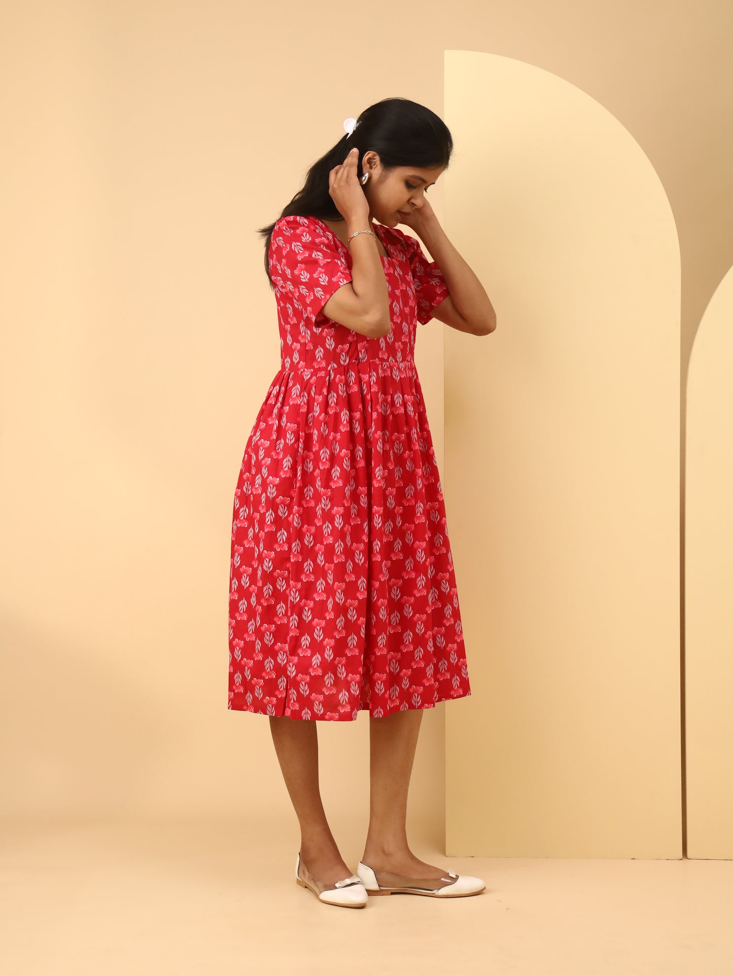 Red Floral Square Neck Cotton maternity Dress