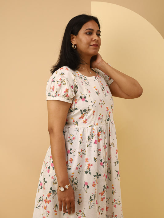 Pastel Bloom Puff Sleeve Cotton maternity Dress