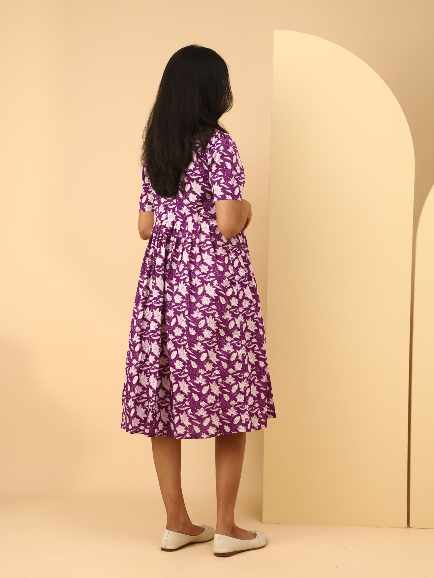 Violet Leaf Block Print Square Neck Cotton maternity Dress