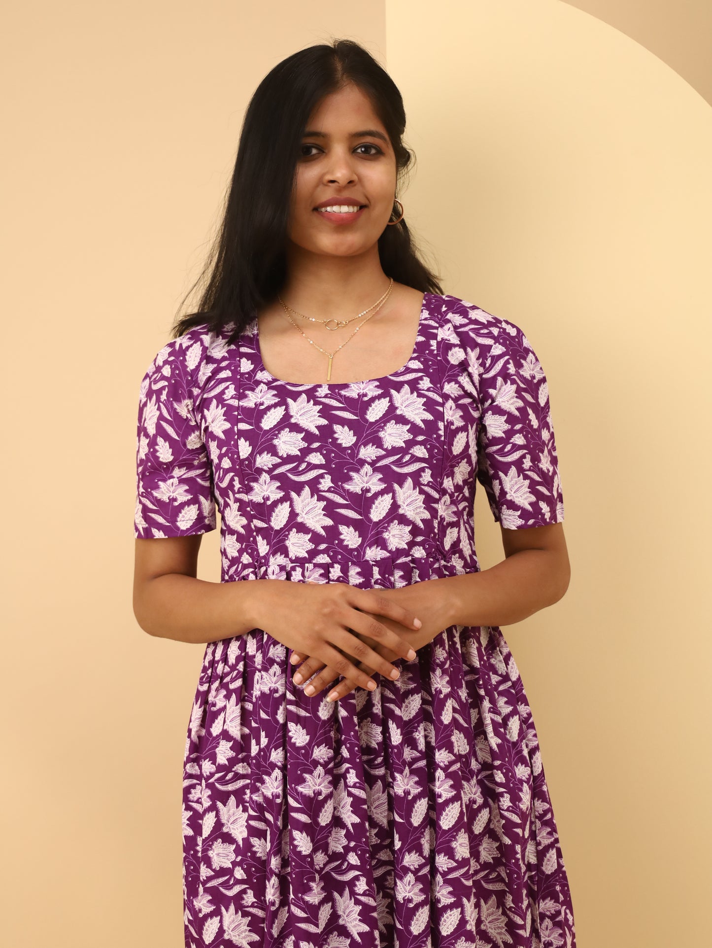 Violet Leaf Block Print Square Neck Cotton maternity Dress