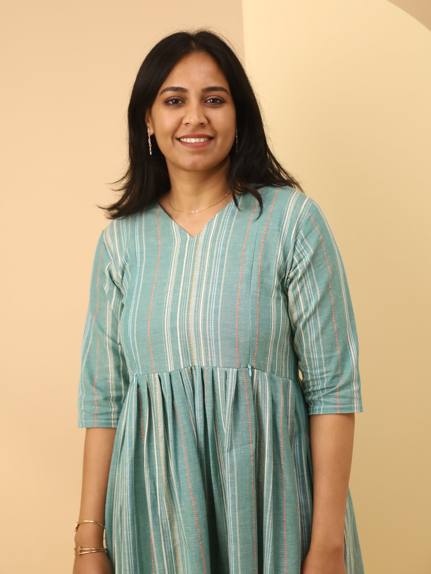 Teal Striped V-Neck Cotton  Cotton maternity Dress