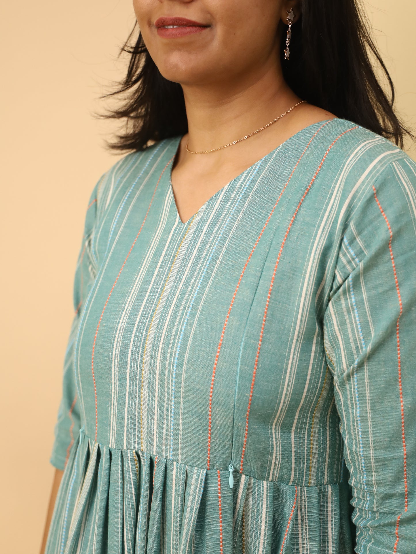 Teal Striped V-Neck Cotton  Cotton maternity Dress